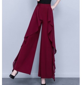 Women Black white wine fringe Latin ballroom Dancing wide-leg dance swing flowy pants high-waisted ruffles salsa rumba chacha dance long trousers for woman